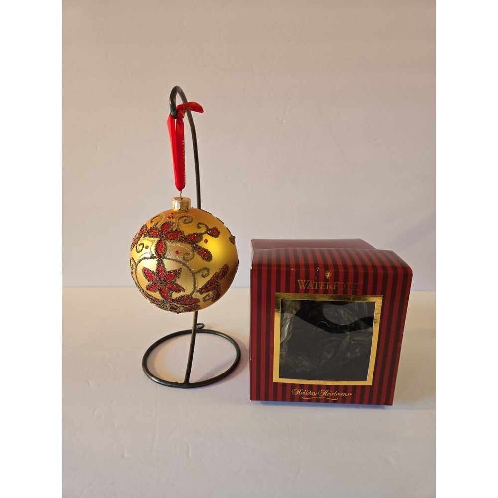 Waterford Christmas Lace Ball Ornament Red Poinsettia Gold Glitter In Box